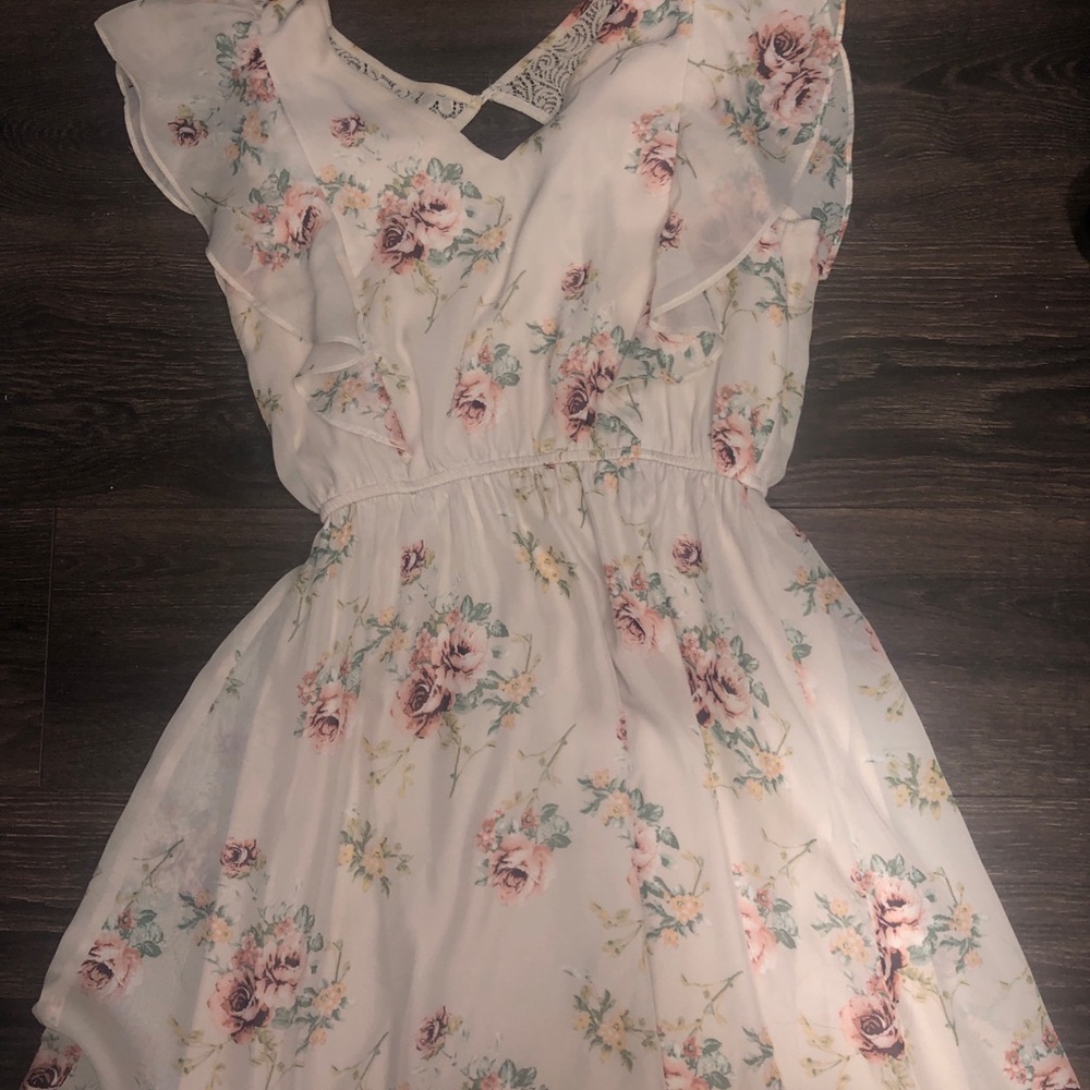 Maurice’s Floral Ruffle Chiffon Dress - White with Pink Roses